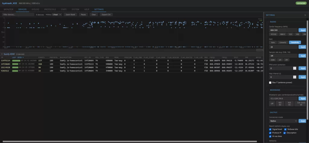 hydrasdr_433 self-hosted web UI embedded directly in the binary.
No external CDN, no Google Fonts, no internet connection required, the entire UI loads from memory in under 50 ms.